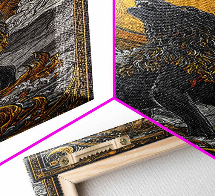 Fenrir Norse Wolf Myth Canvas Gold Art Canvas Art, Nordic Wall Decor with natural wood frame, Viking Man Cave Wall Hanging Office