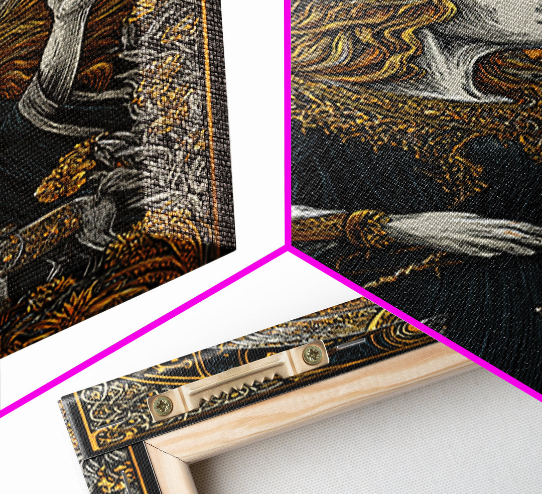 Norse Goddess Freyja Canvas Gold Art Canvas Art, Viking Wall Decor framed in natural wood, Nordic Office Art and Unique Gift for Him
