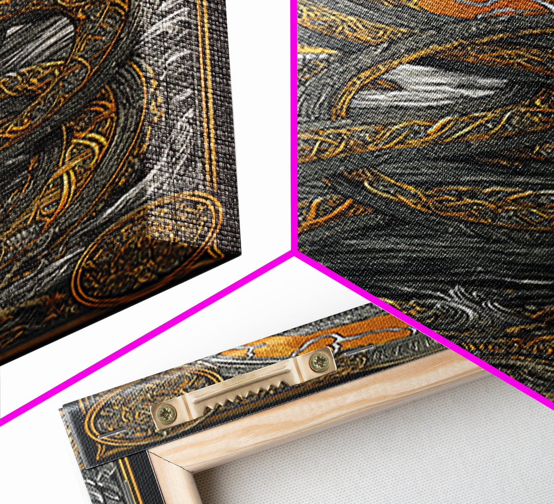 Nordic Mythology Jrmungandr Serpent Canvas Gold Art Canvas Art | Viking Decor | Man Cave Gift framed in rustic wood