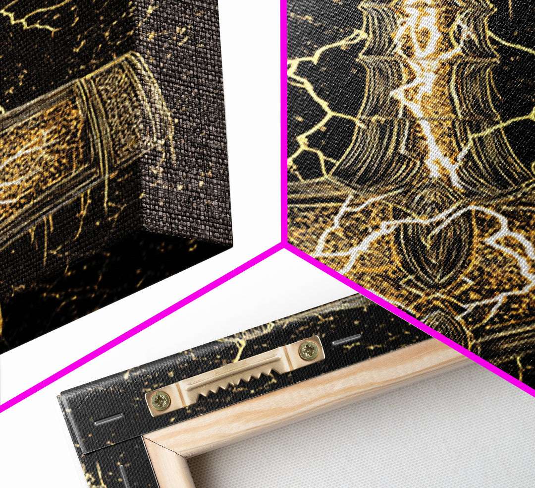 Thor’s Hammer Mjolnir Norse Mythology Canvas Gold Art, Viking Canvas Art with Lightning, framed in natural real wood for office décor