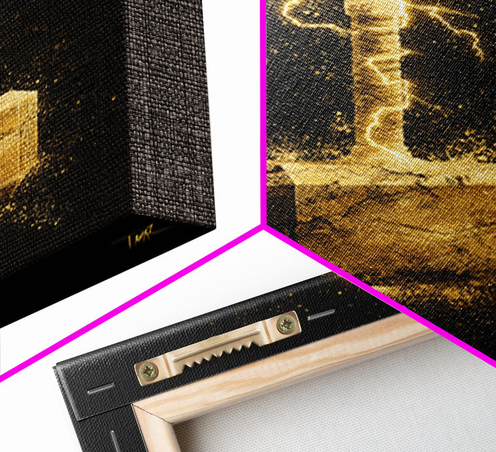 Canvas Gold Art of Thor’s Hammer Mjolnir, Norse Mythology inspired Canvas Art, Viking Man Cave wall décor with real wood framing