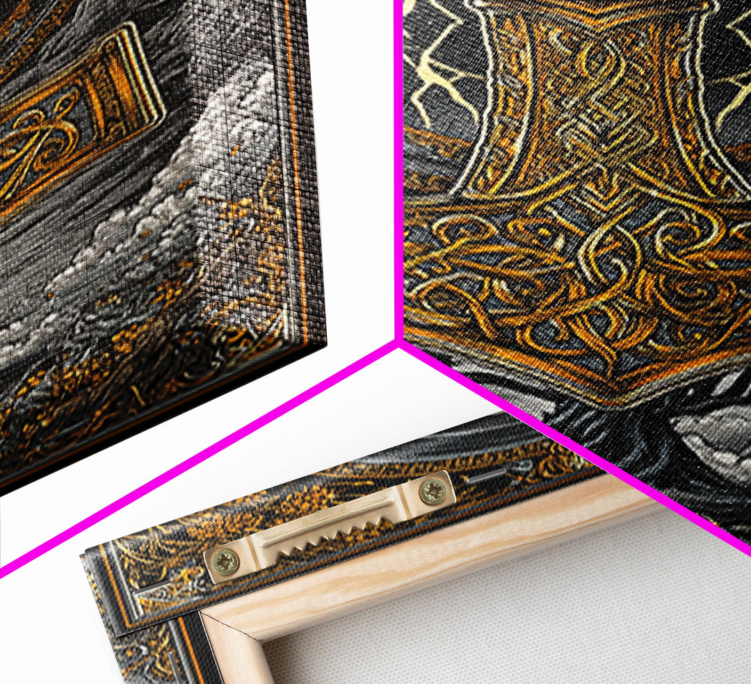 Norse Mythology Mjolnir Hammer Artwork, Canvas Gold Art and Viking Canvas Art, framed in real wood, Nordic office and dad gift décor