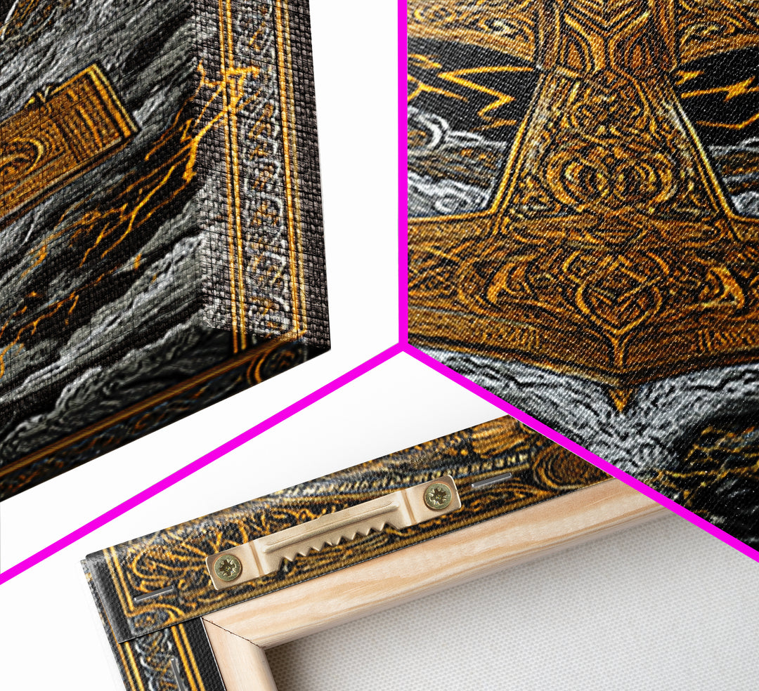 Viking Thor’s Hammer Mjolnir Wall Art, Canvas Gold Art and Canvas Art, Norse Mythology inspired office décor framed in solid wood