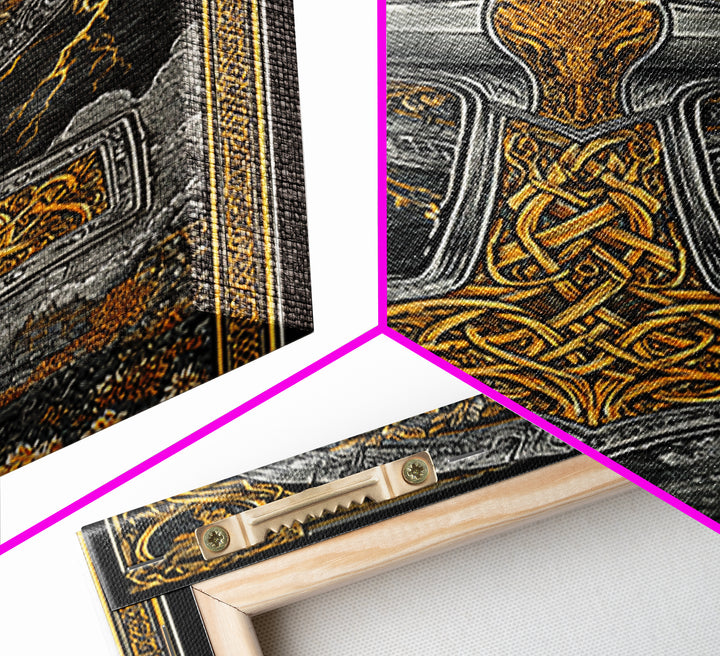 Canvas Gold Art featuring Mjolnir, Thor’s Hammer of Norse Mythology, Viking Canvas Art framed in natural wood for man cave or office