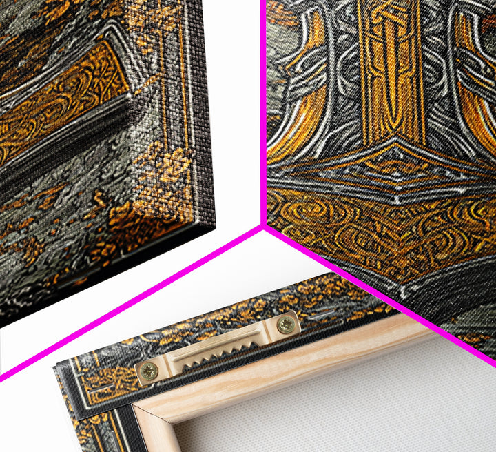 Norse Viking Wall Art of Mjolnir Hammer, Canvas Gold Art and Canvas Art, mythology-inspired décor framed in real wood for dad gift