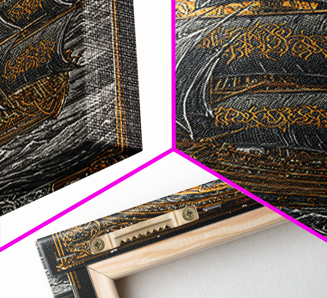 Viking Naglfar Ship Wall Art, Canvas Gold Art and Norse Canvas Art, Nordic Mythology scene framed in real wood for office or dad décor