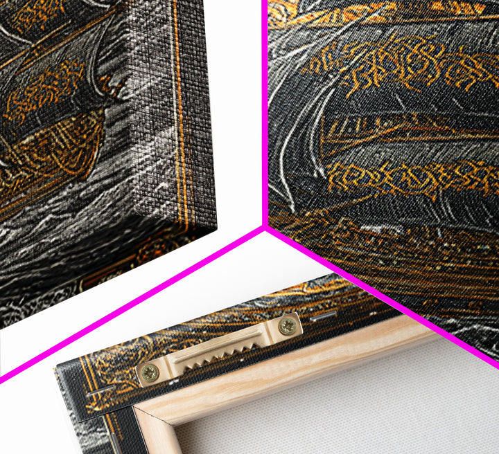 Viking Naglfar Ship Wall Art, Canvas Gold Art and Norse Canvas Art, Nordic Mythology scene framed in real wood for office or dad décor