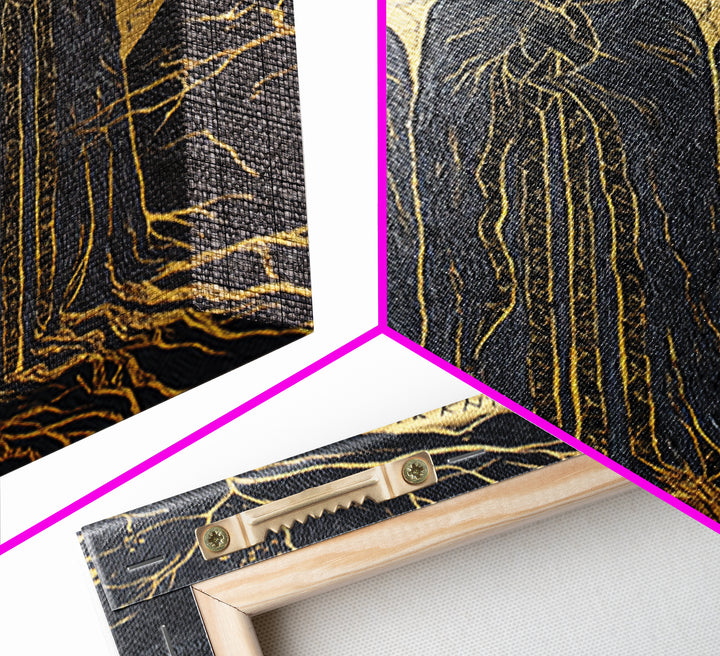 Viking Norns Canvas Gold Art, Nordic Mythology Canvas Art of Fate Goddesses and Runes, Norse Decor framed with natural wood frame