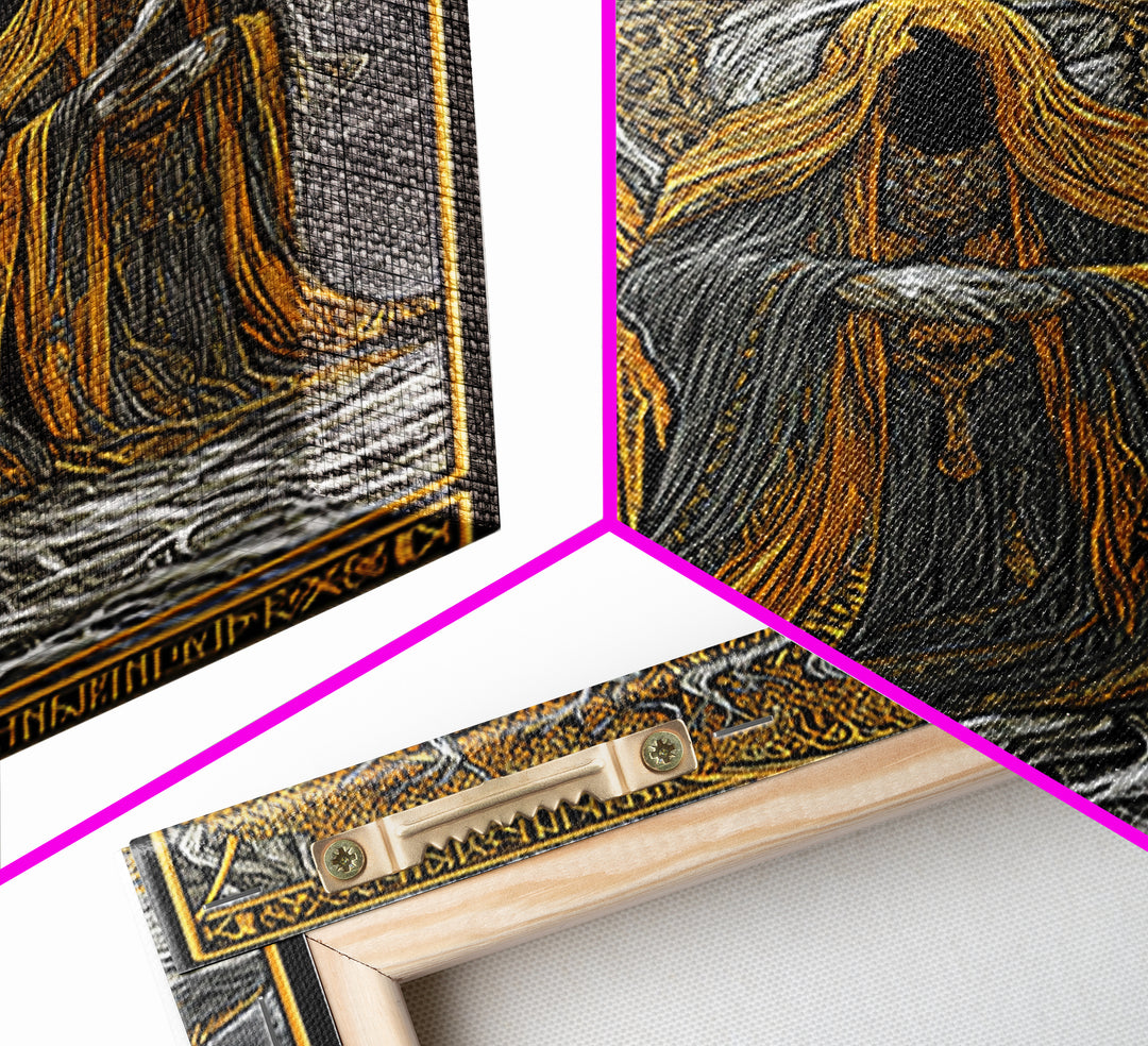 Norns of Yggdrasil Canvas Gold Art, Nordic Mythology Canvas Art featuring Fate and Destiny, Viking Wall Art framed in real wood