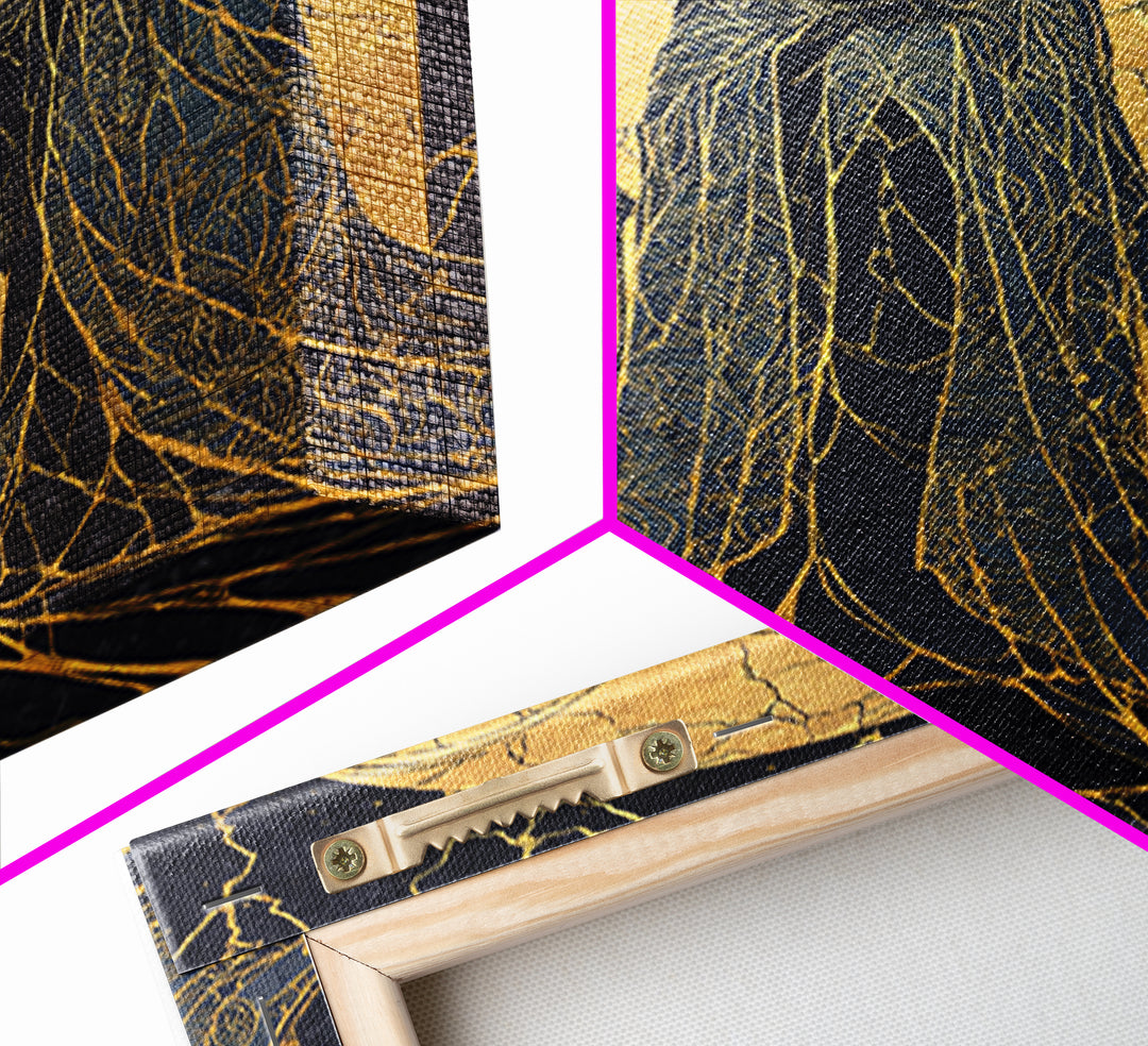 Canvas Gold Art of the Three Norns, Norse Mythology Canvas Art on Yggdrasil Roots, Viking Man Cave Decor in a natural wood frame