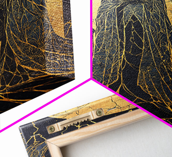 Canvas Gold Art of the Three Norns, Norse Mythology Canvas Art on Yggdrasil Roots, Viking Man Cave Decor in a natural wood frame