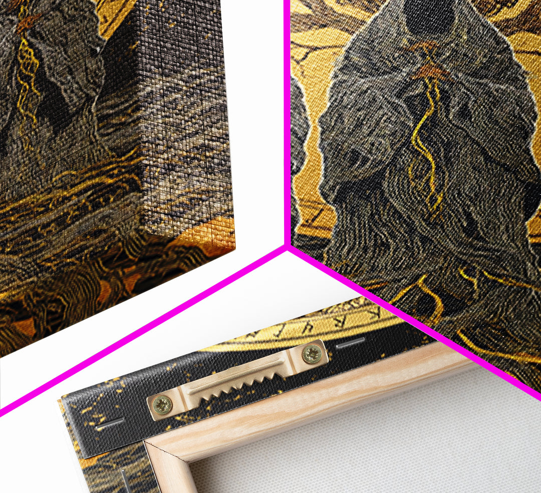 Norns Canvas Gold Art, Norse Mythology Canvas Art of Fate Weavers with Yggdrasil, Viking Office Decor beautifully framed in real wood