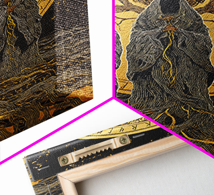 Norns Canvas Gold Art, Norse Mythology Canvas Art of Fate Weavers with Yggdrasil, Viking Office Decor beautifully framed in real wood