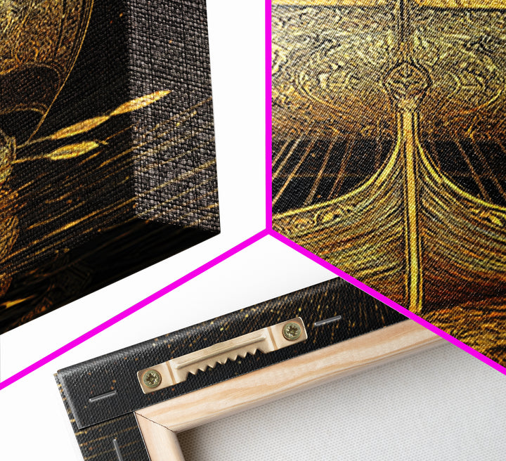 Viking Ship Canvas Gold Art Canvas Art Norse Longboat Wall Decor for Man Cave or Office, framed in natural wood