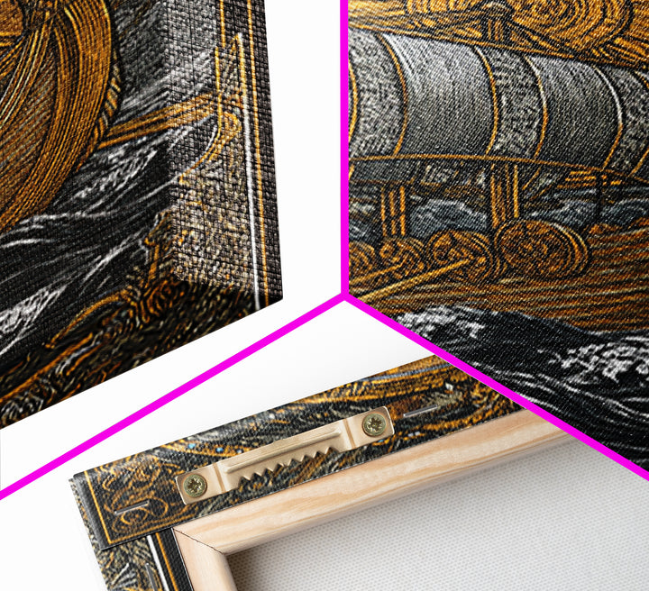 Nordic Sun Viking Ship Canvas Gold Art Canvas Art Norse Mythology Wall Art for Men’s Office or Dad Gift with wood frame