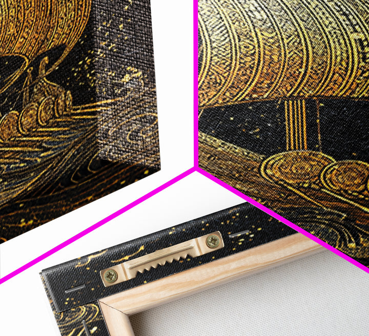 Dragon Head Viking Longship Canvas Gold Art Canvas Art Norse Decor for Man Cave, Office Wall Art framed in real wood