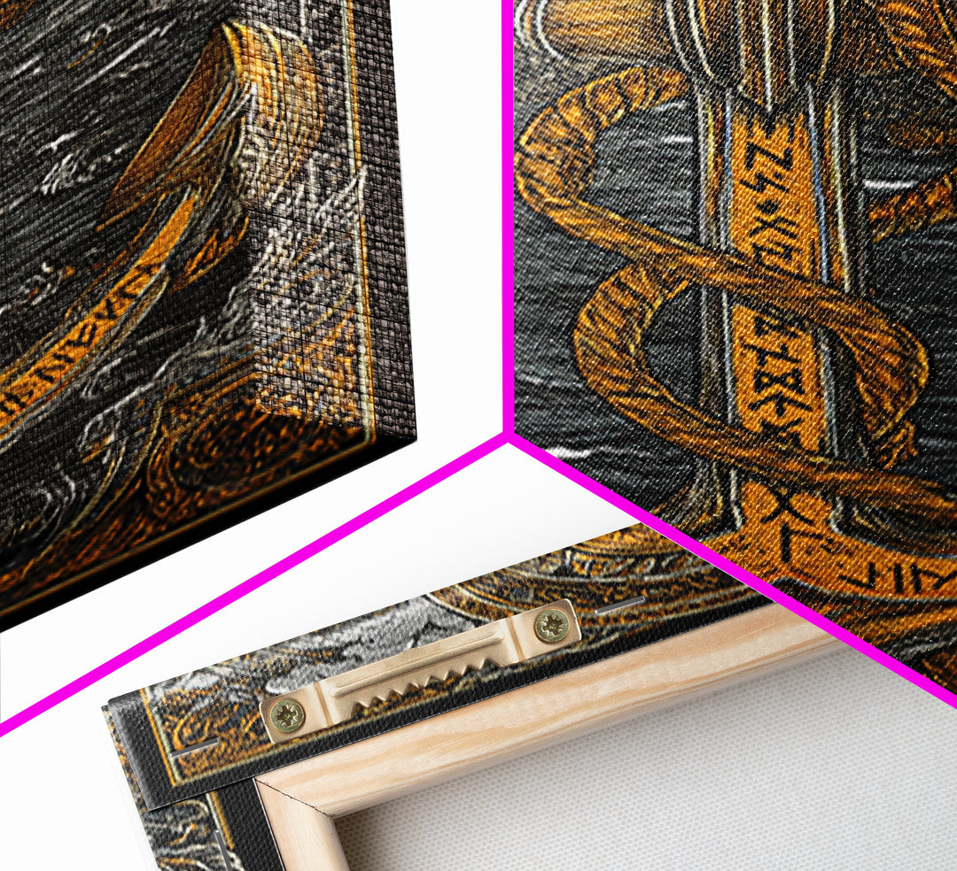 Viking Anchor Canvas Gold Art Canvas Art Nordic Mythology Wall Art for Man Cave, Office Decor with handcrafted wood frame