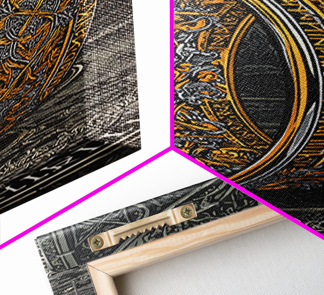 Canvas Gold Art Ornate Norse Ring Canvas Art – Nordic Mythology Viking Jewelry Wall Art, Unique Dad Gift framed with natural wood