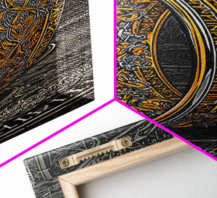 Canvas Gold Art Ornate Norse Ring Canvas Art – Nordic Mythology Viking Jewelry Wall Art, Unique Dad Gift framed with natural wood
