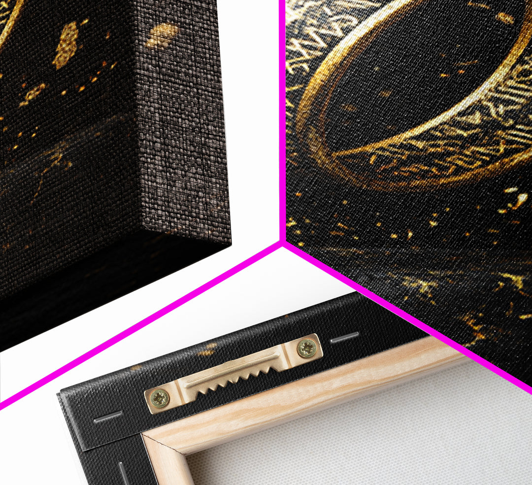 Viking Rune Ring Canvas Gold Art Canvas Art – Nordic Mythology Office Wall Art, Norse Man Cave Decor with handcrafted real wood frame