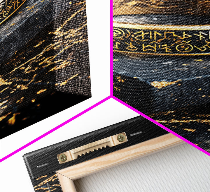 Norse Rune Ring Canvas Gold Art Canvas Art – Viking Jewelry Inspired Office Wall Art, Nordic Man Cave Decor framed in wood frame