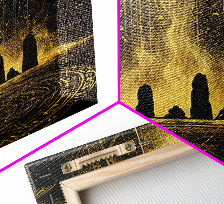 Canvas Gold Art Norse Ritual Stone Circle Canvas Art – Viking Ceremony Wall Art, Nordic Office Decor for Men framed in natural wood