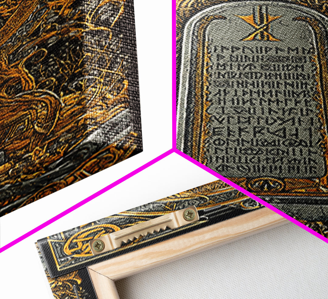 Runestone Engraved with Ancient Runes Canvas Gold Art, Nordic Mythology Canvas Art framed in real wood, Man Cave or Office Decor