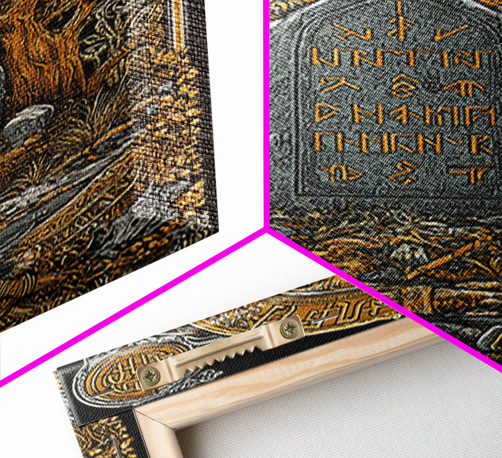 Norse Rune Carved Monolith Canvas Gold Art, Viking Canvas Art for Dad Gift or Office, natural wood frame adds authentic Nordic style