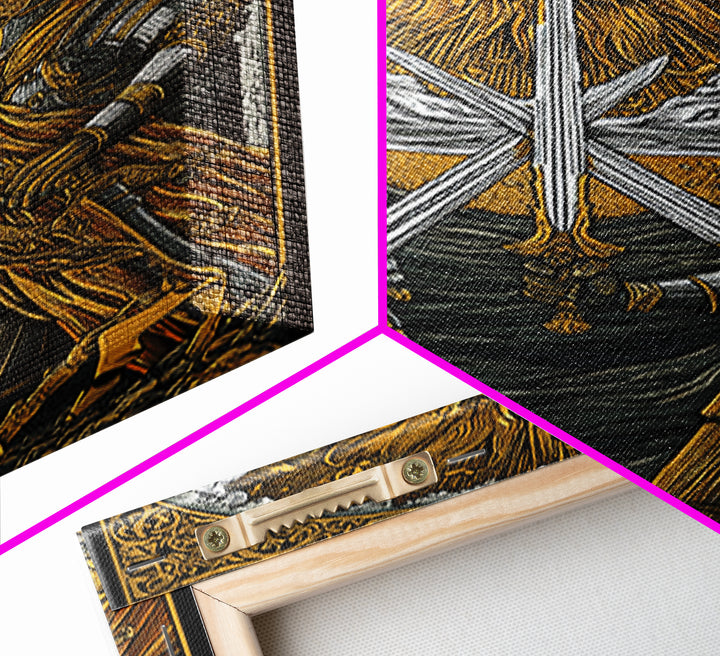 Norse Warriors in Battle Canvas Gold Art, Viking Canvas Art with real wood frame, Perfect for Man Cave, Office Wall Art, or Dad Gift