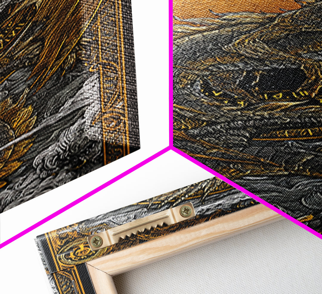 Canvas Gold Art of Jörmungandr Norse Dragon, Viking Myth Canvas Art framed in real wood, Nordic decor perfect for office or study
