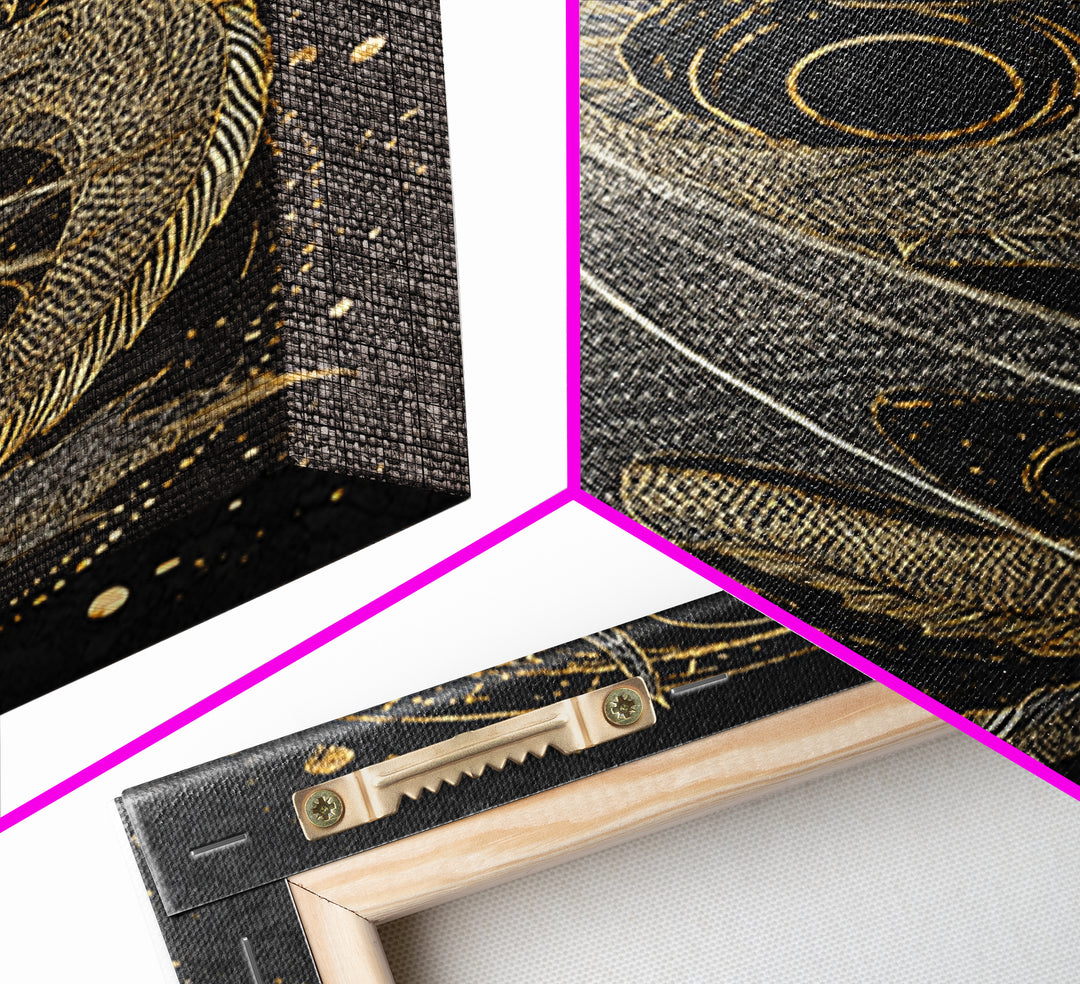 Nordic Dragon Canvas Gold Art, Viking Mythology Canvas Art for Man Cave or Office, framed in natural real wood for dad gift