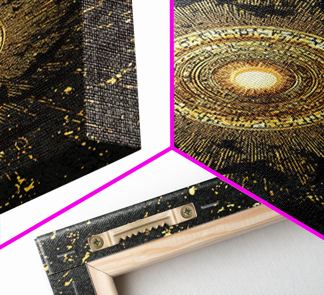 Canvas Art Norse Ravens and Sun Wheel, Canvas Gold Art Viking Decor with runes, framed in real wood, Nordic mythology gift for dad