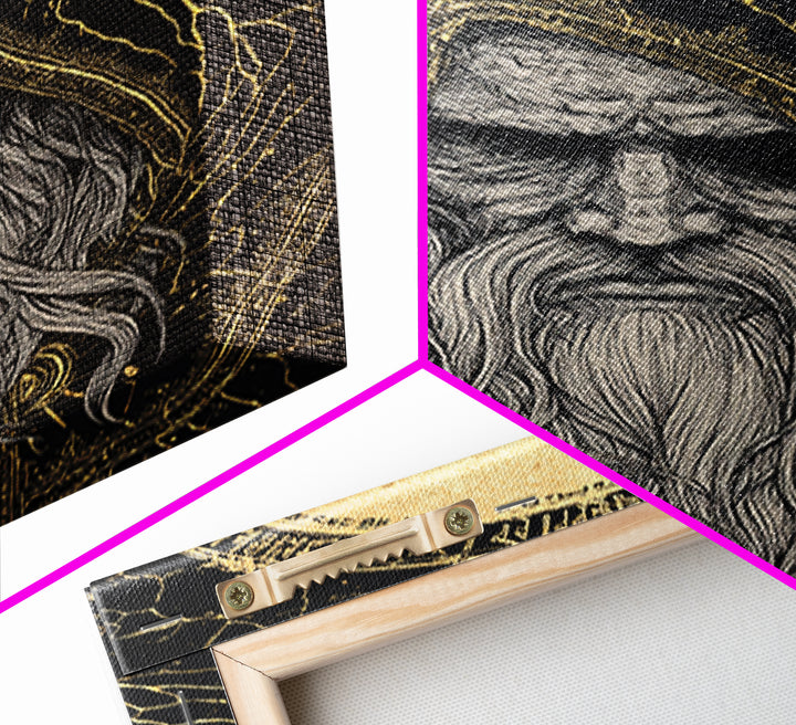 Norse God Odin Canvas Gold Art, Viking Mythology Canvas Art in natural wood frame, powerful Nordic wall art for office or man cave