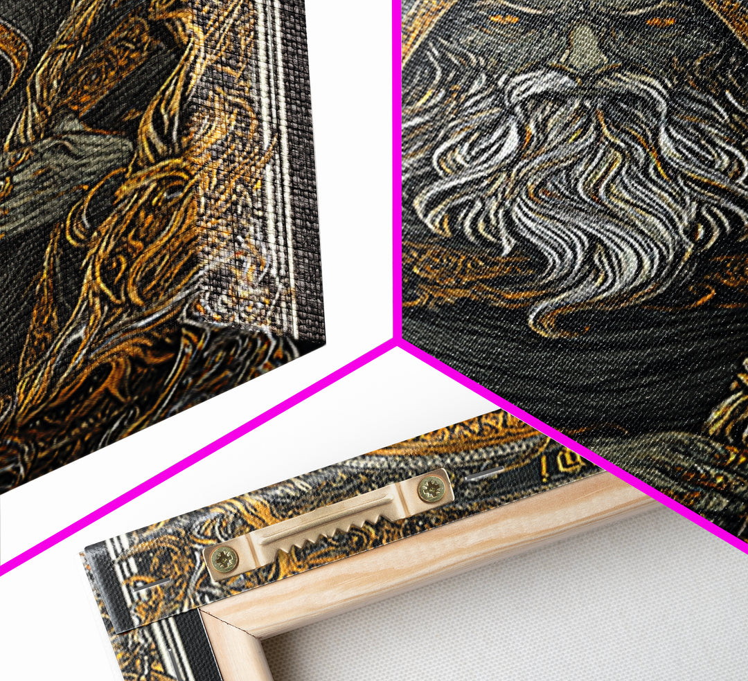 Viking Odin Canvas Gold Art, Nordic Mythology Canvas Art with real wood frame, masculine office wall art or unique Norse gift for dad