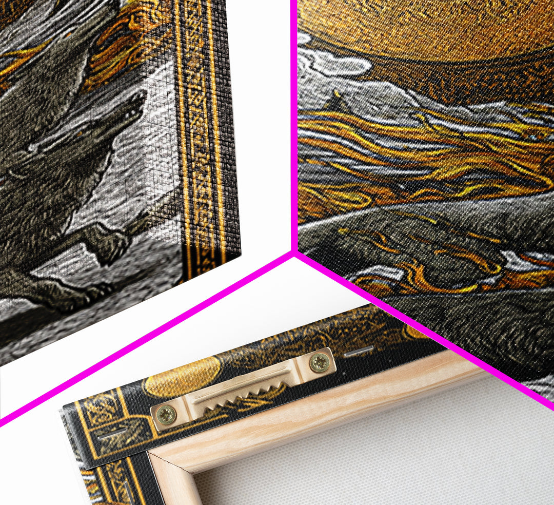 Sköll and Hati Wolves Norse Mythology Art, Canvas Gold Art and Canvas Art, Viking Wolf Chasing Sun and Moon framed in wood