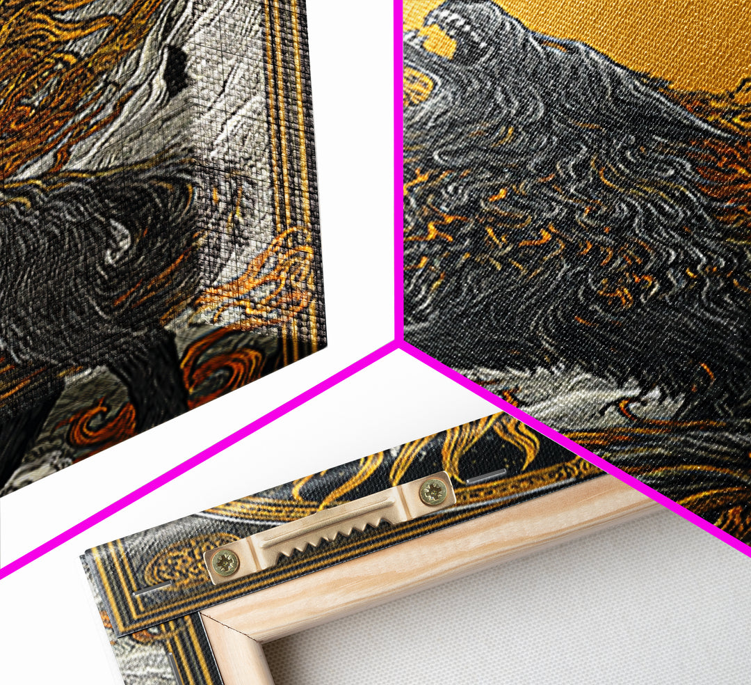 Fenrir Wolf Ragnarok Canvas Art, Canvas Gold Art with Norse Mythology Theme, Viking Wolf Office Wall Decor framed in real wood
