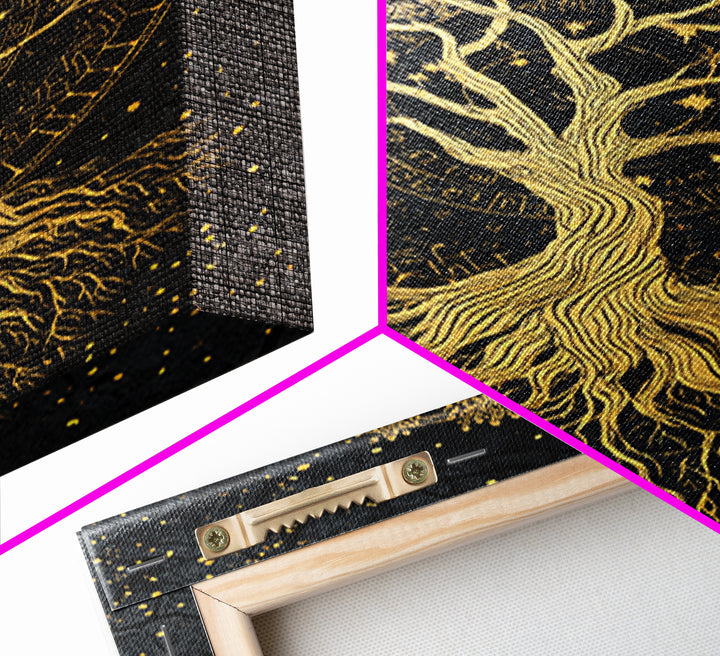 Nordic Yggdrasil Tree of Life Canvas Gold Art Canvas Art with real wood frame, Norse Mythology Office Decor and Dad Gift Idea