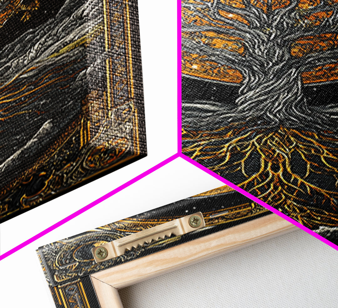 Cosmic World Tree Canvas Gold Art Canvas Art Viking Yggdrasil Norse Wall Art framed in real wood, Perfect for Man Cave Decor