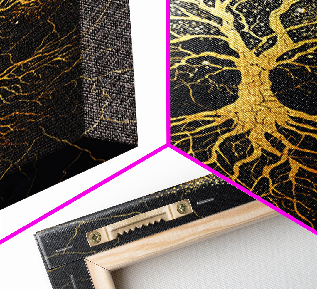 Norse Yggdrasil Tree Canvas Gold Art Canvas Art Celestial Design with roots framed in real wood, Unique Office or Man Cave Art