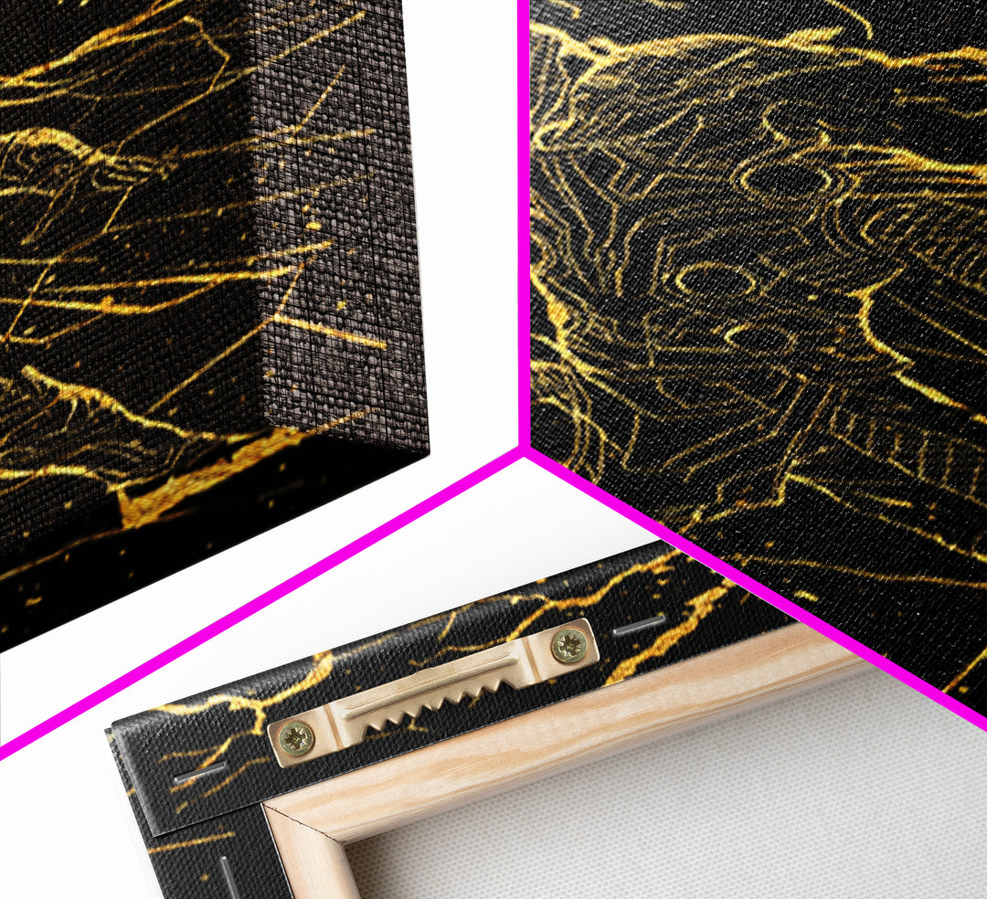 Thor with Lightning Hammer Canvas Gold Art Canvas Art Norse God Wall Art framed in wood, Viking Office Decor or Dad Gift Idea