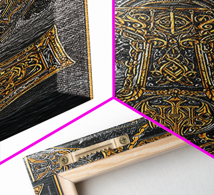 Viking Mjolnir Hammer Canvas Gold Art Canvas Art Norse Mythology Thor Symbol framed in natural wood, Office Wall Art for Men