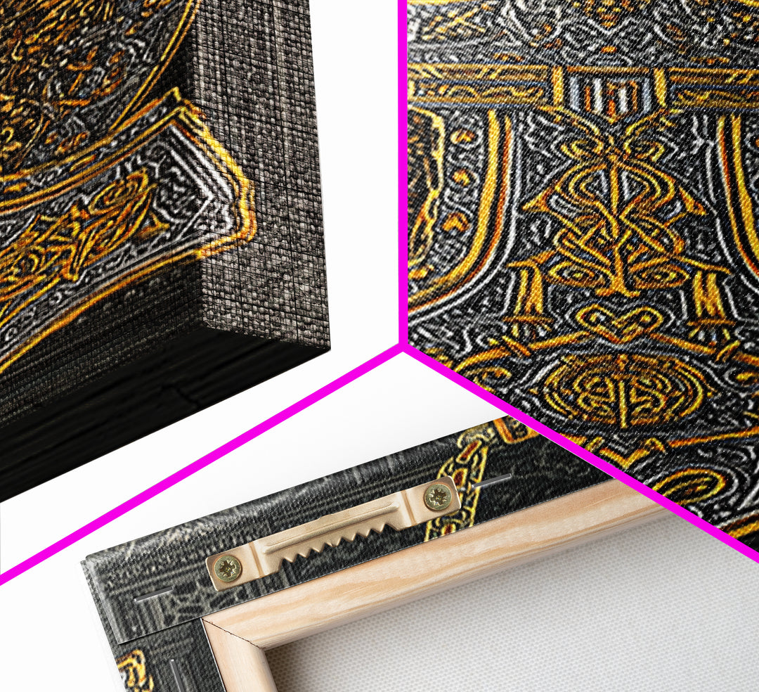 Thor’s Hammer Pendant Canvas Gold Art Nordic Canvas Art, Norse Mythology Wall Decor for Man Cave, framed in natural wood