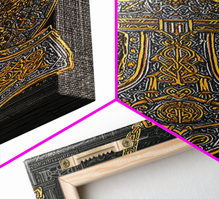 Thor’s Hammer Pendant Canvas Gold Art Nordic Canvas Art, Norse Mythology Wall Decor for Man Cave, framed in natural wood