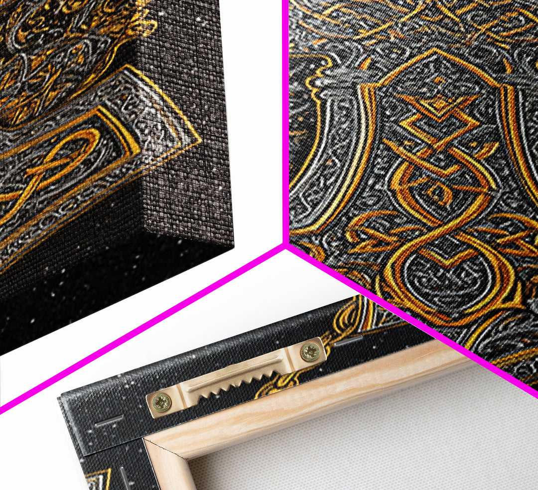 Norse Thor’s Hammer Canvas Gold Art Canvas Art Viking Mjolnir Pendant Design with real wood frame, Unique Man Cave Wall Decor