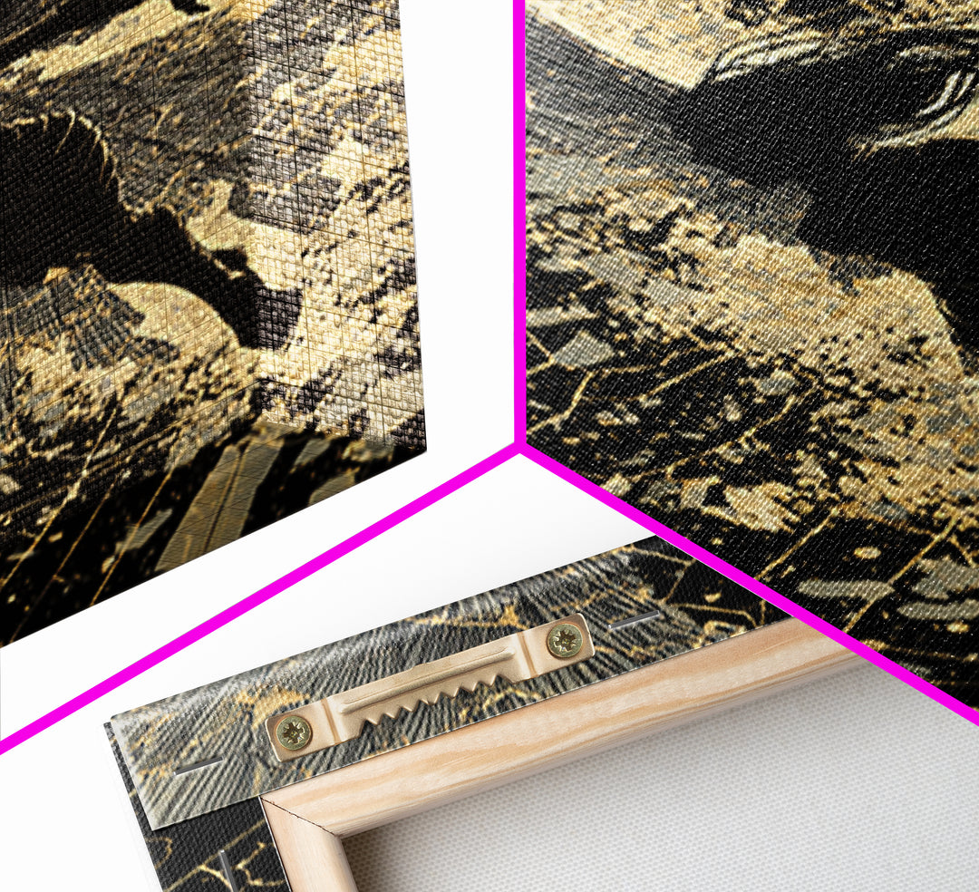 Valkyrie Warrior Canvas Gold Art Nordic Mythology Canvas Art for Office or Man Cave, framed in natural wood for bold style