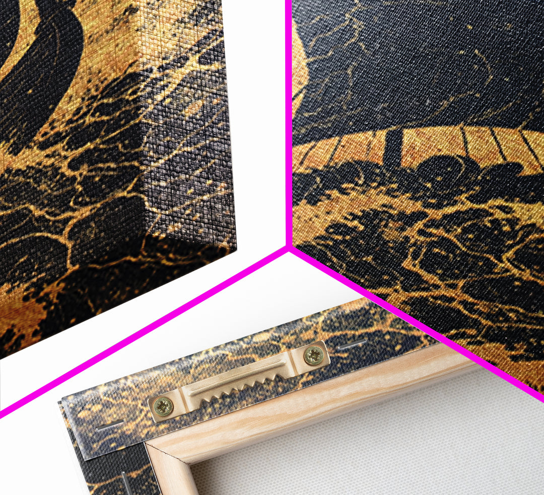Bull Skull Nordic Totem Canvas Gold Art, Viking Canvas Art with Mythology Detail, unique office decor framed in solid wood