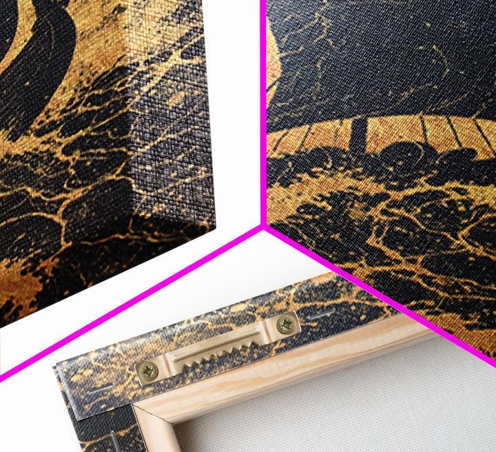Bull Skull Nordic Totem Canvas Gold Art, Viking Canvas Art with Mythology Detail, unique office decor framed in solid wood