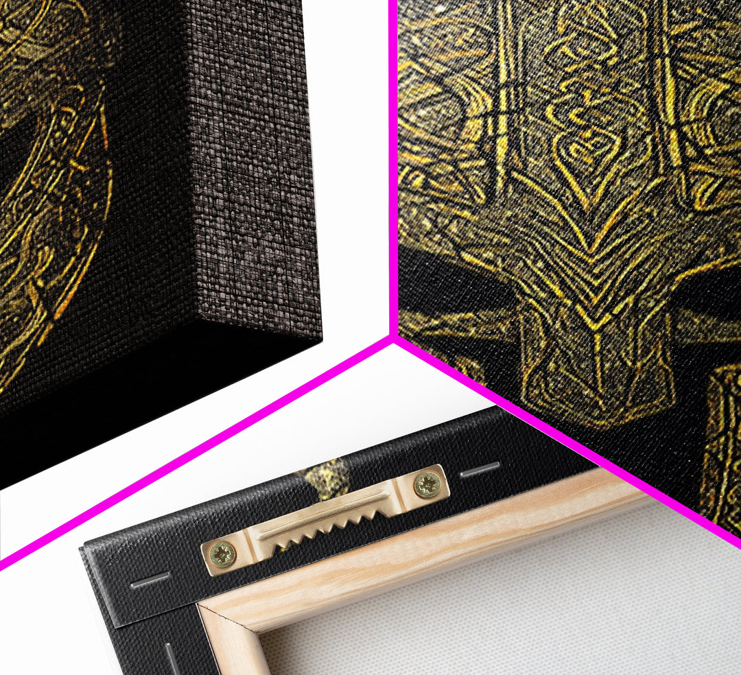 Norse Rune Monolith Canvas Gold Art, Nordic Mythology Canvas Art Statement Piece for Office Decor, framed in real wood design
