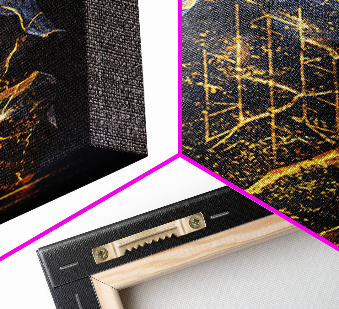 Longship Under the Stars Canvas Gold Art, Viking Canvas Art Wall Decor, Norse Mythology Inspired framed with real wood detail