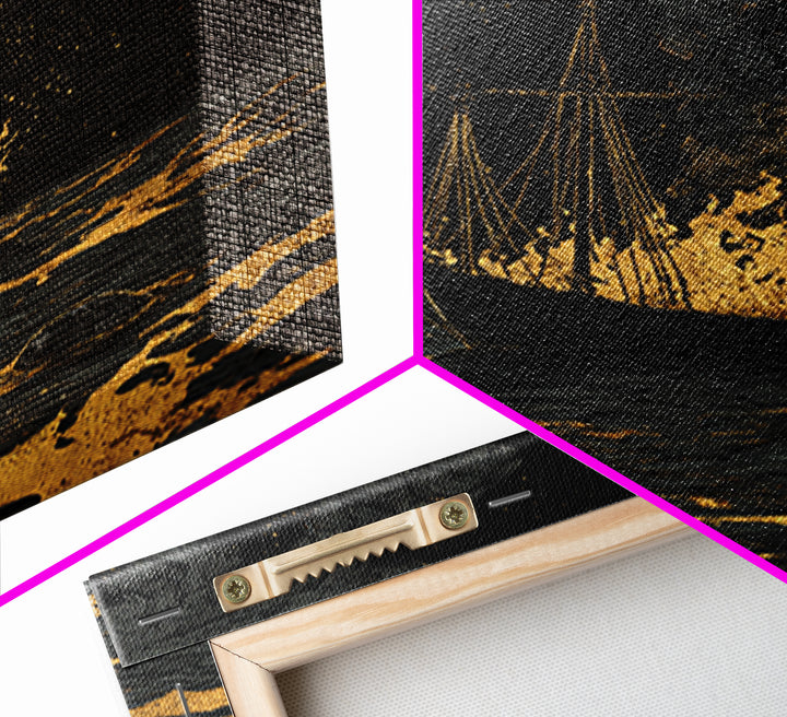 Canvas Gold Art Canvas Art Viking Ship with Dragon Sail Nordic Mythology Decor Man Cave Wall Art Dad Gift with Real Wood Frame